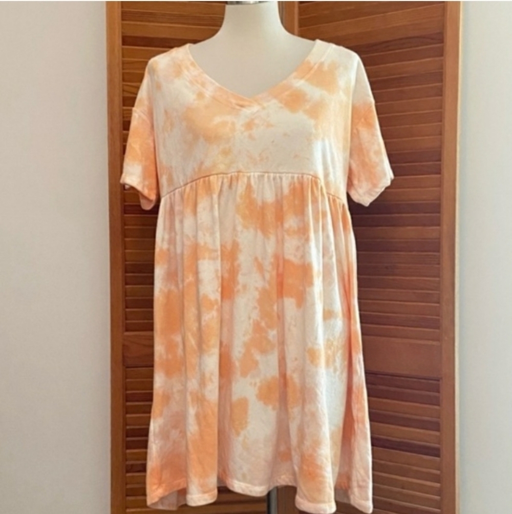 *NWT! V NECK SHORT SLEEVE SHIRT BABY DOLL CASUAL DRESS TIE DYE SIZE X SMALL